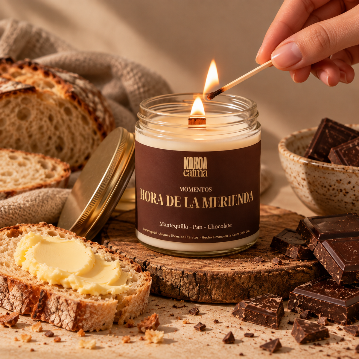 Hora de la merienda · Vela de soja de mantequilla, pan y chocolate