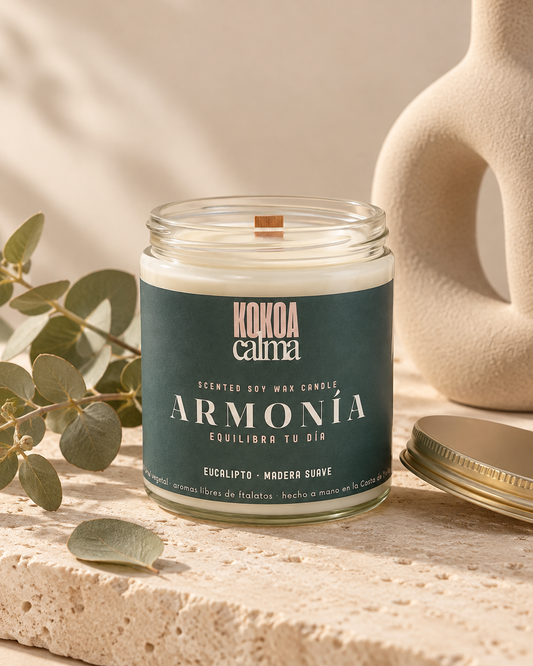 Armonía · Vela de soja aromaterapia de eucalipto y maderas suaves