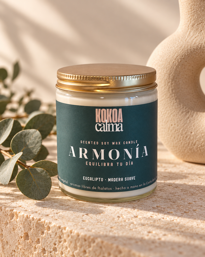 Armonía · Vela de soja aromaterapia de eucalipto y maderas suaves