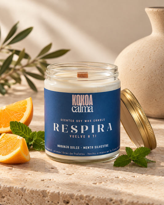 Respira · Vela de soja aromaterapia de naranja dulce y menta silvestre