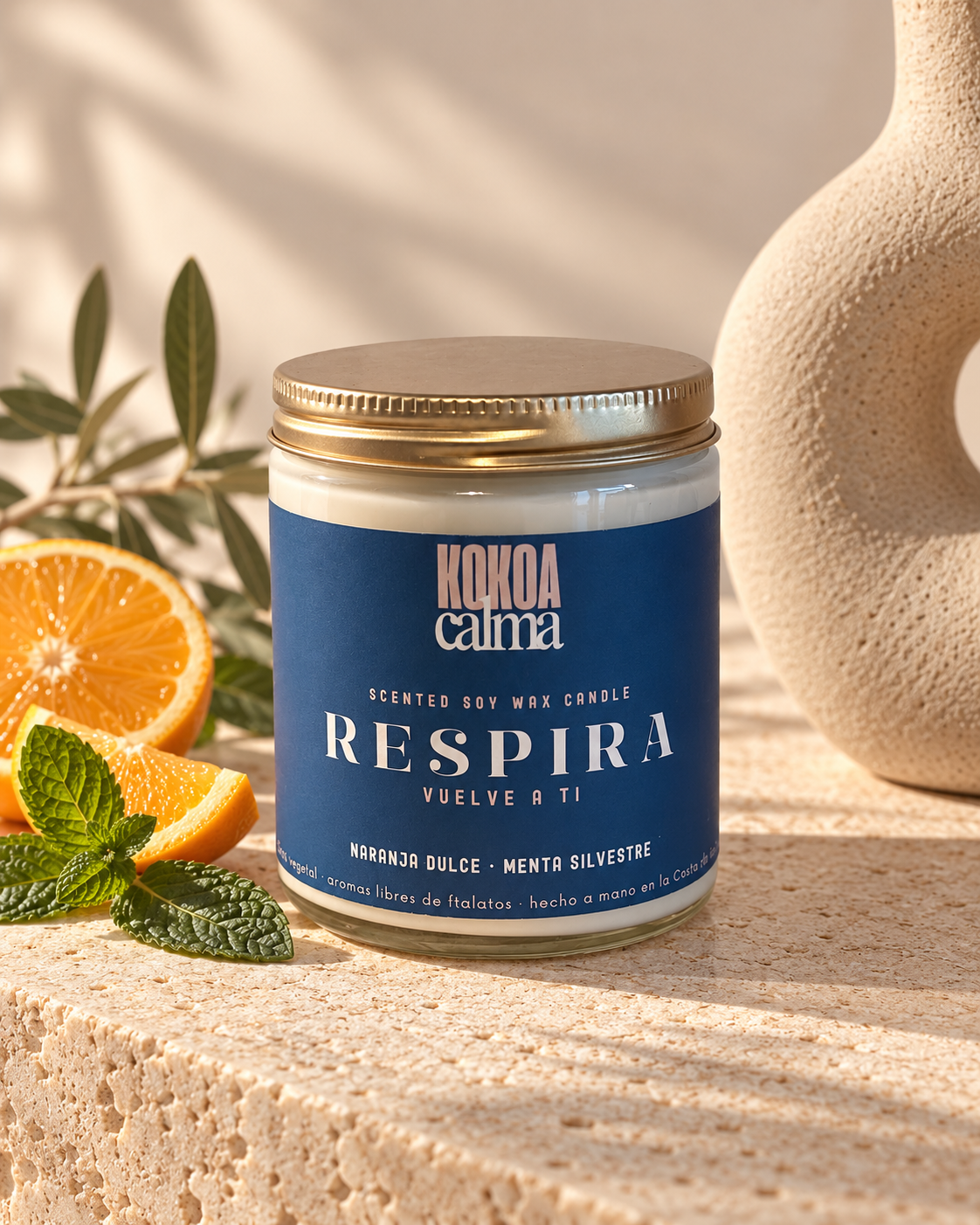 Respira · Vela de soja aromaterapia de naranja dulce y menta silvestre