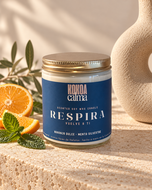 Respira · Vela de soja aromaterapia de naranja dulce y menta silvestre