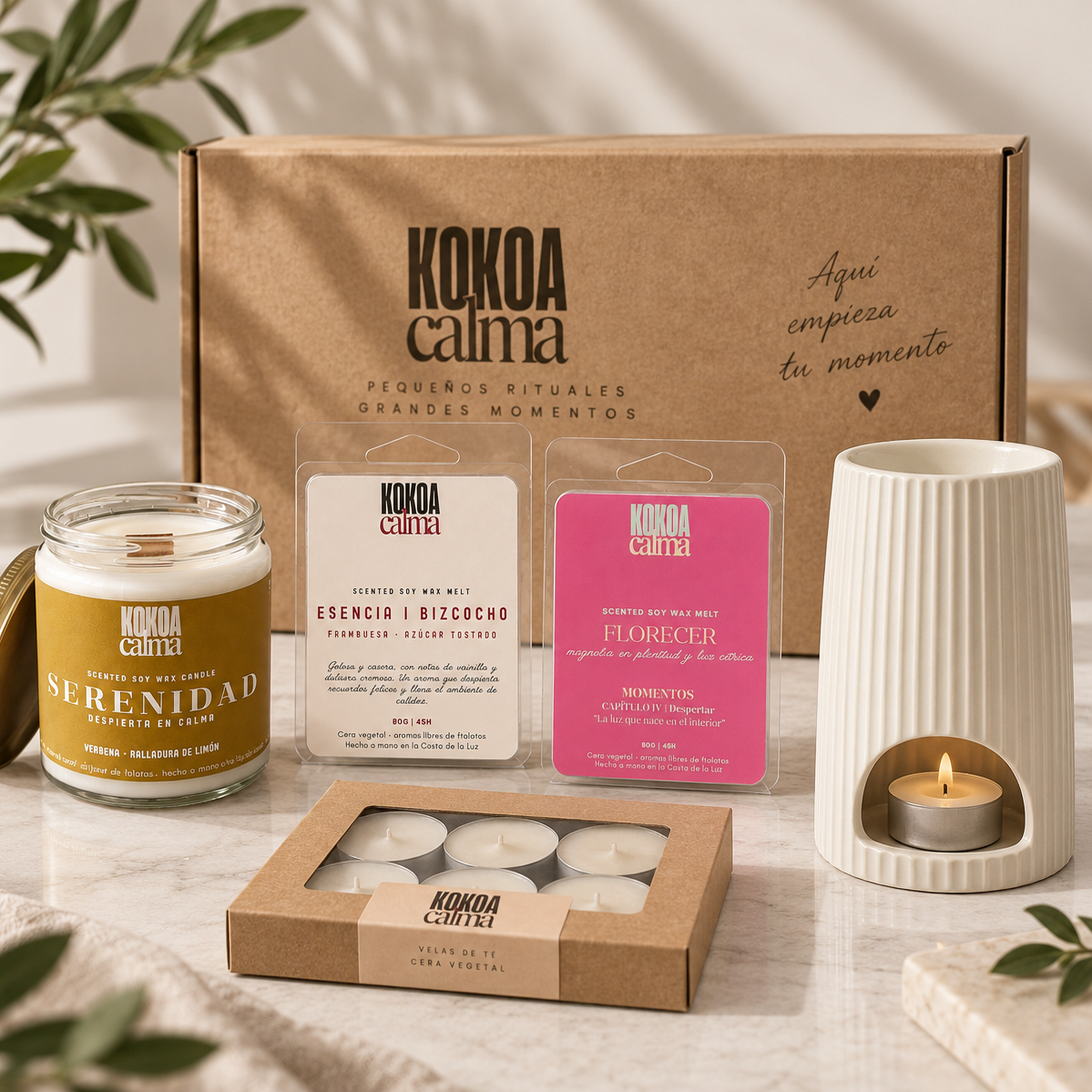 Pack Descubrimiento Kokoa Calma · Quemador cerámica + vela soja + wax melts + velas de té