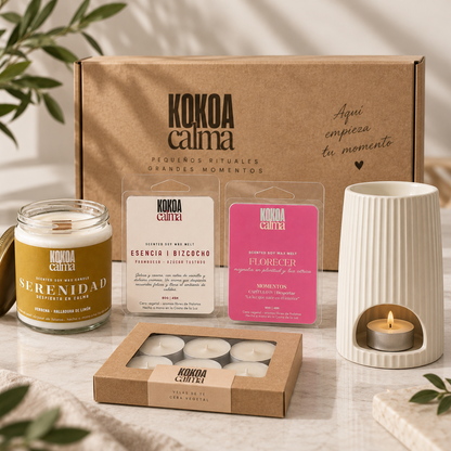 Pack Descubrimiento Kokoa Calma · Quemador cerámica + vela soja + wax melts + velas de té